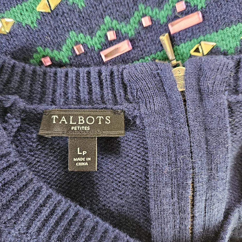 Talbots Size LP Sweater Fair Isle Gemstone Sparkle Navy Pastel Heavy Tight Knit